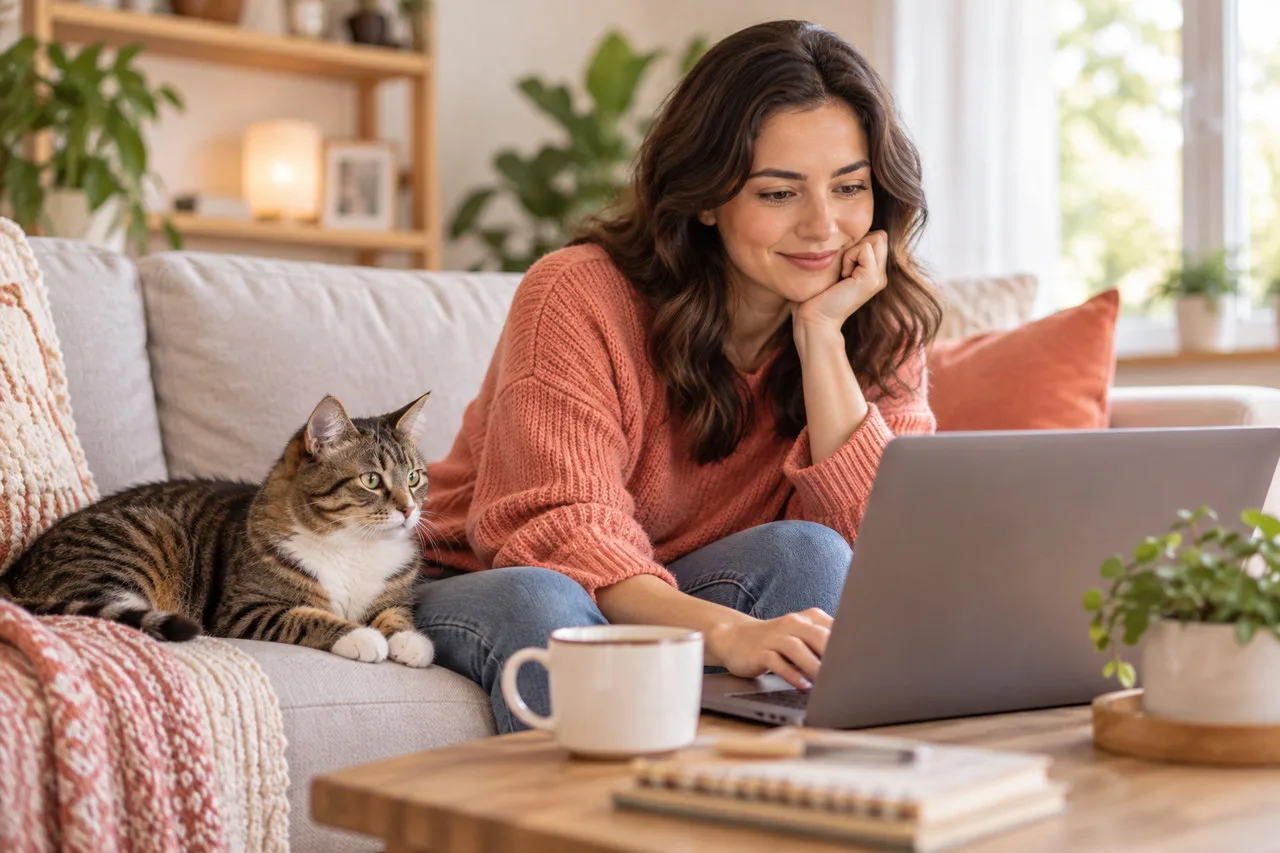 Owner using a laptop beside a tabby cat on a sofa