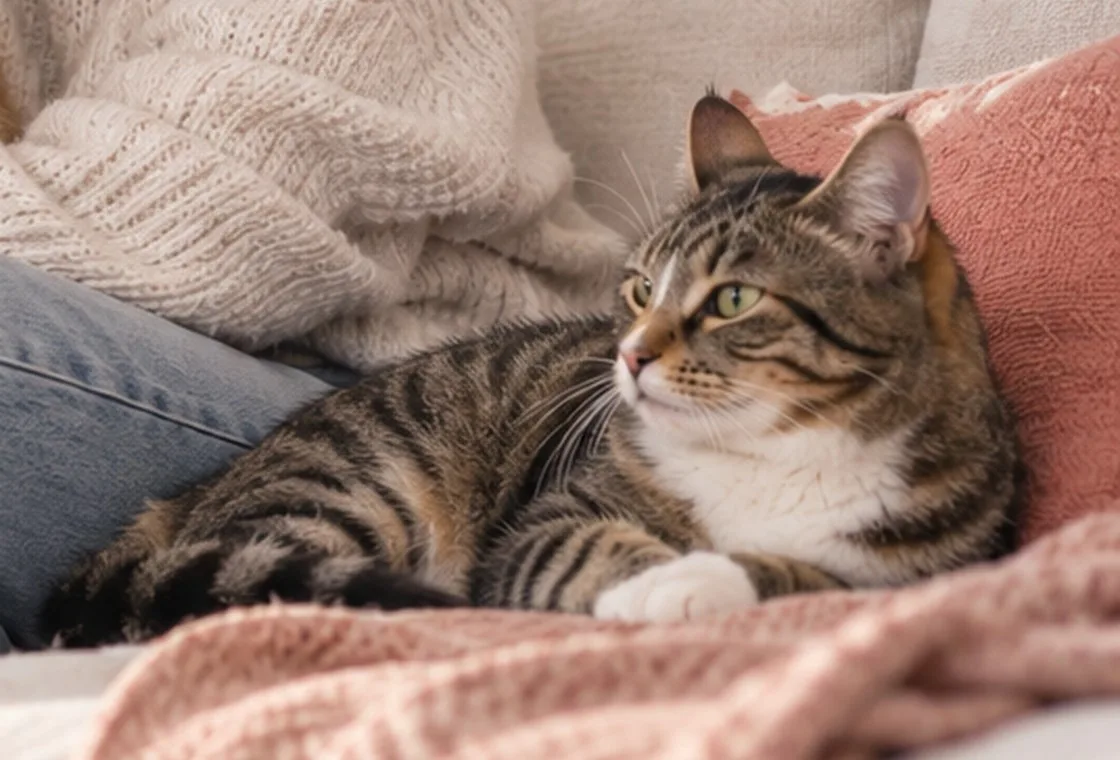 Tabby cat resting on a sofa